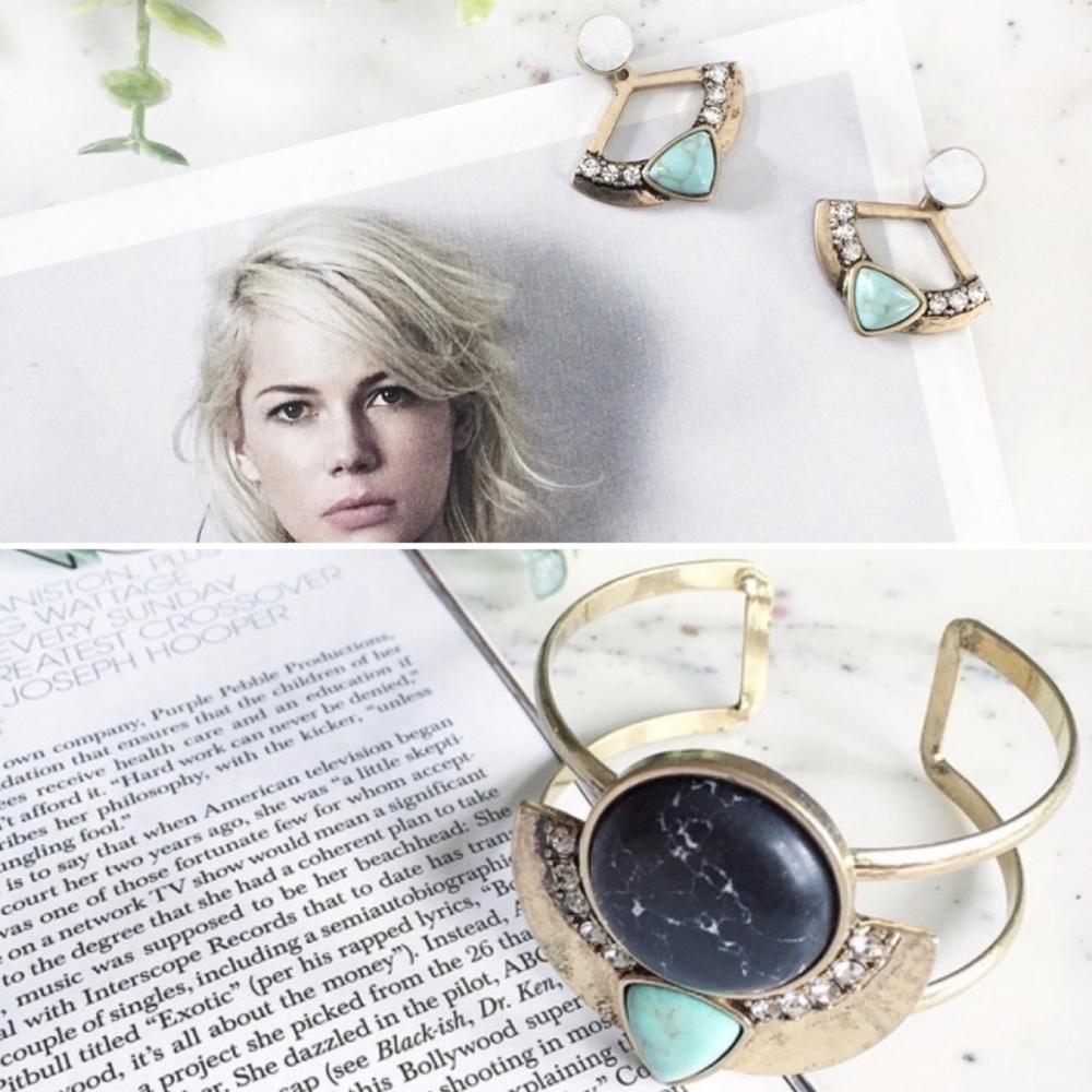 "Cleopatra" Earrings || Turquoise & Gold Statement - Picture 8 of 11